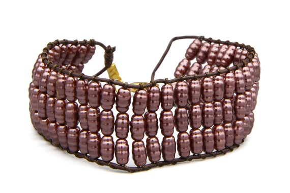 Marsala Purple Beaded Faux Pearl Bracelet, Vintag… - image 10