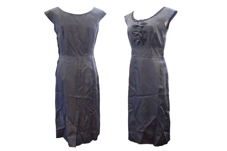 Blue Sleeveless Dress with Beaded Embroidery Flappers Cocktail Dress with Pockets Vintage 1930s Handmade Fancy Knee Length Dress Size S