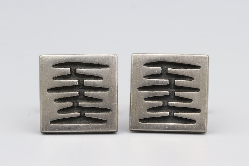 Signed BT Borje Tennung Sweden Modern Brutalist Square Cuff Links Scandinavian Mid Century Mod Jewelry Abstract Pewter Mens Cufflinks