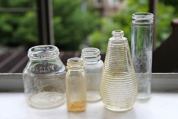 1910's〜1920's VINTAGE GLASS BOTTLES Antique 1920s Clear Glass Bottles, Guldens Mustard Jar, New York