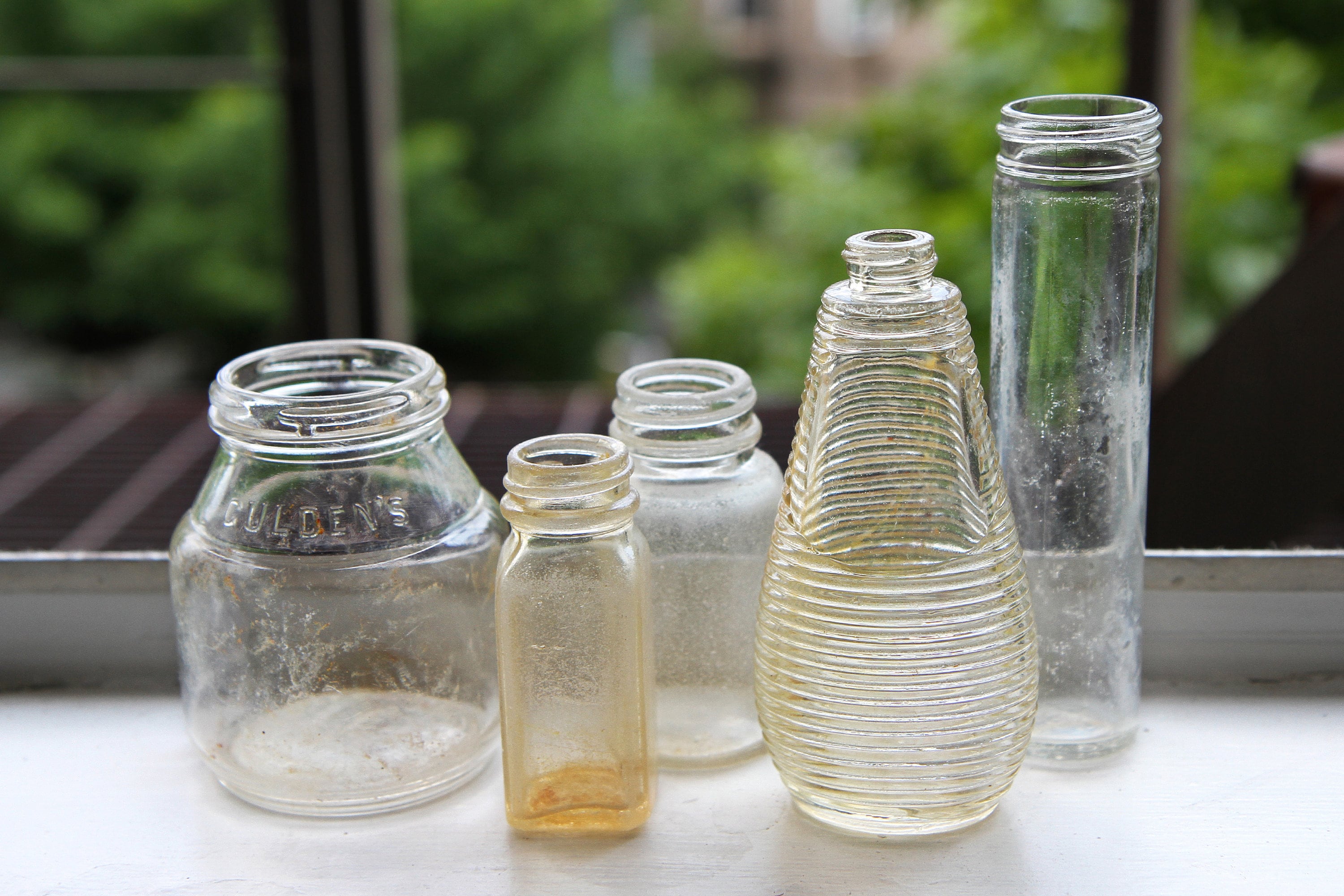 1910's〜1920's VINTAGE GLASS BOTTLES Antique 1920s Clear Glass Bottles, Guldens Mustard Jar, New York
