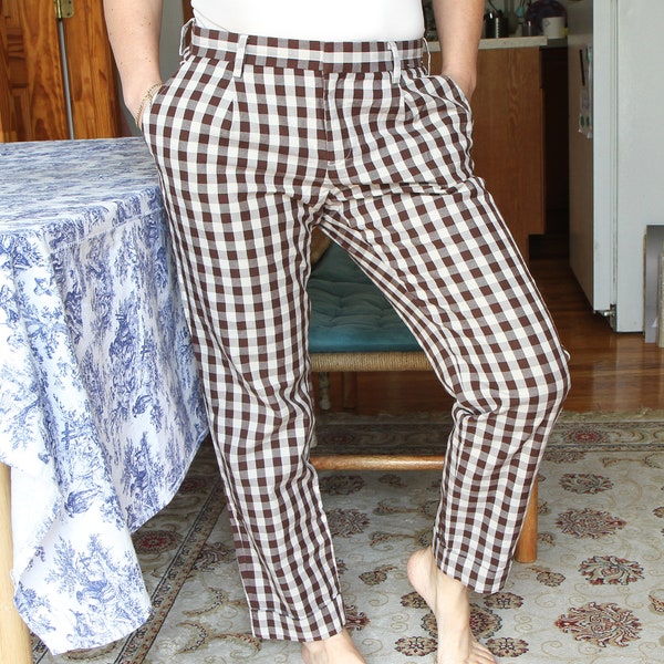 Womens Ankle Plaid Checkered Pants Size S To M, Brown White Cotton Trousers, Plaid Gingham Pants, Check Pants With Pockets, Pleated Front
