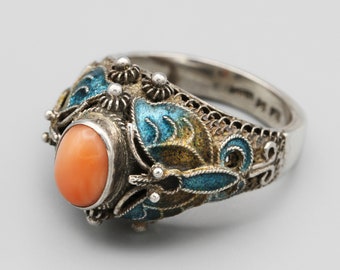 Chinese Export Coral Ring Size 6, Blue Enamel Butterfly Ring, 925 Sterling Silver Filigree Ring, Old Asian Jewelry, Oval Orange Stone Ring