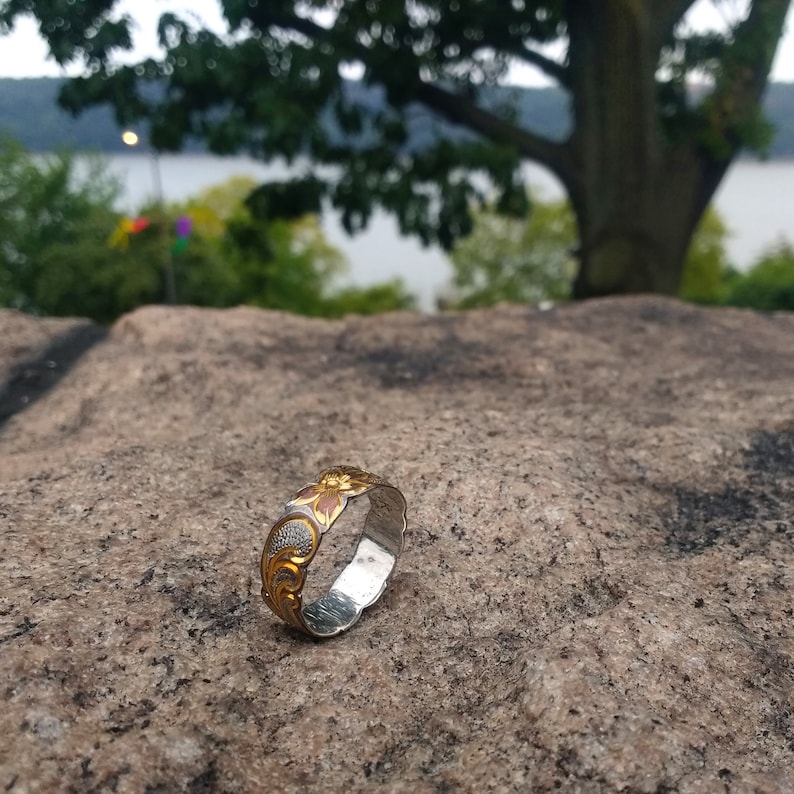 Mens Wedding Ring Hawaiian Flowers Ring Art Nouveau Look 925 Silver And Gold Ring Size 12 Etched Scroll Ring Sterling And 12K Gold