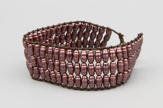 Marsala Purple Beaded Faux Pearl Bracelet, Vintag… - image 3