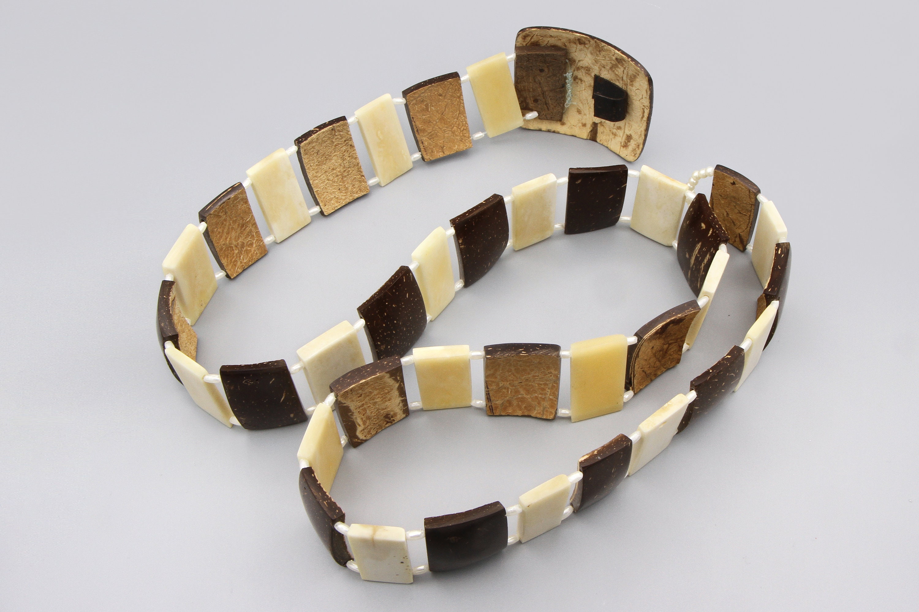 Coconut Shell and Mother of Pearl Adjustable Belt, Brown 