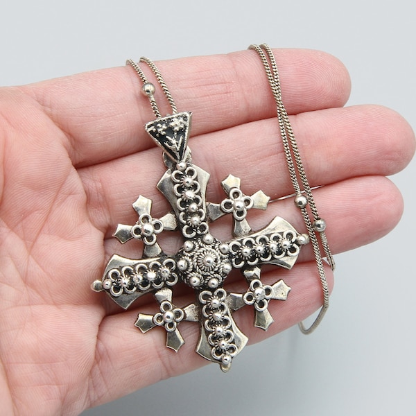 Large Maltese Heraldic Cross Pendant Necklace, Greek Cross And Crosslets Pendant, Jerusalem Bethlehem 900 Sterling Silver Crucifix Pendant