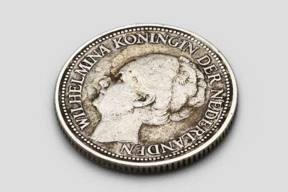 1928年オランダ25セント銀貨、銀640、ウィルヘルミナ女王の月桂冠