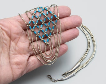 Collar tribal de plata líquida y turquesa, collar de cuentas tejidas del suroeste de plata de ley 925, cuentas de tubo de piedra azul, joyería estilo navajo