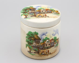 Sandland Ware Staffordshire Porcelain Box, Frank Cooper Cylindrical English Trinket Box, Down Somerset Way Pattern Lidded Tea Caddy Jar