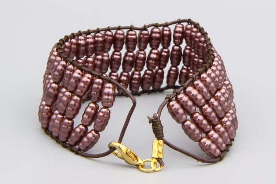 Marsala Purple Beaded Faux Pearl Bracelet, Vintag… - image 7