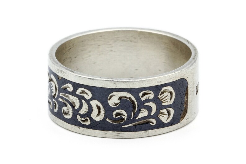 Soviet Ring Russian Niello Ring 875 Sterling Silver Floral Cigar Band Ring Ring Size 7 Traditional Russian Jewelry Soviet Jewelry