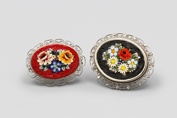 Pair Of Inlaid Micro Mosaic Brooches Pins, Floral… - image 1