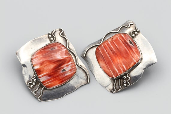 Red Striped Stone Large Diamond Earrings, Spiny O… - image 9