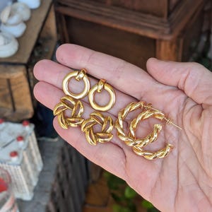3 Gold Tone Metal Earrings, Twisted Hoops, Round Spiral Earrings, Door Knob Stud Earrings, Sunburst Star Flower, Retro Modernist Jewelry