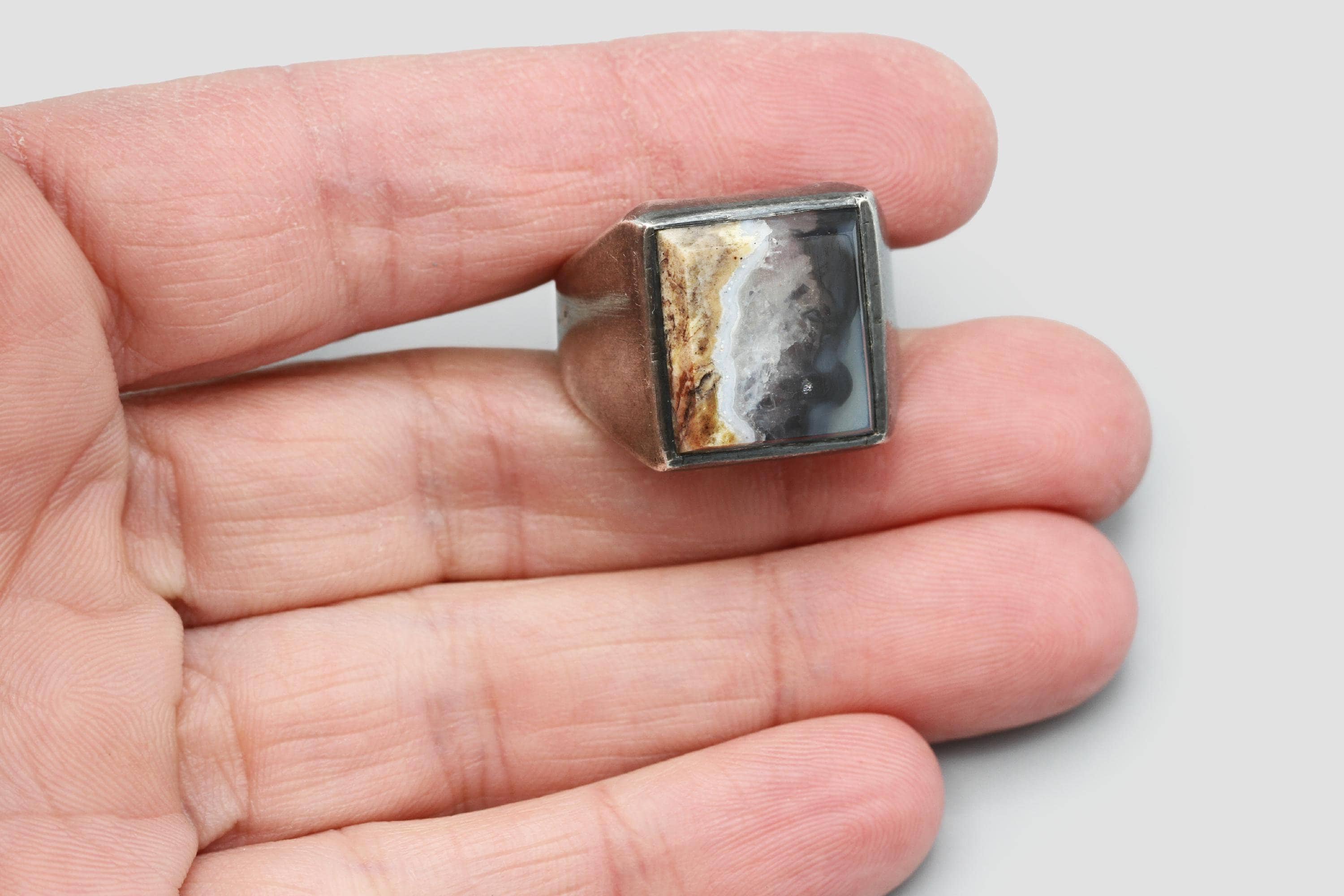 Sterling And Agate Mens Ring Size 9.25, Minimalist Band Ring, 925 Silver Signet Style Ring, Agate Gemstone Large Ring, Brown Black Stone