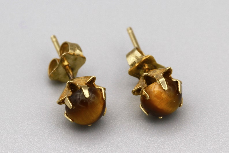 Tigereye Ball Stud Earrings Brown Gemstone Small Circle Earrings Round Semi Precious Stone Studs 14K Yellow Gold Tigers Eye Stud Earrings