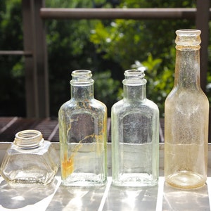 Lot Of 4 Antique Clear Glass Bottles, Found In New York USA, Waterman Ink Bottle, Old Glass Apothecary Bottles, Four Small Embossed Bottles