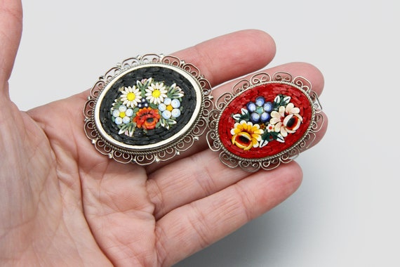 Pair Of Inlaid Micro Mosaic Brooches Pins, Floral… - image 2