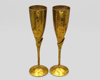 Vintage Pair Of Brass Goblets, Art Deco Style Champaign Flutes, Gold Tone Metal Footed Wine Cups, Decorative Glasses, Two Cordial Glasses