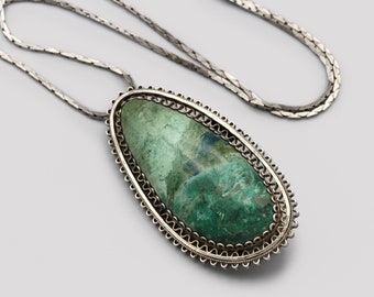 Israel Eilat Stone Pendant Necklace, Sterling Large Pendant Brooch Pin, 935 Silver And Filigree Pendant, Green Turquoise Teardrop Pendant