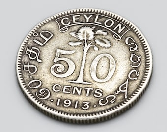 RARE 50 Cents Great Britain Ceylon Sri Lanka Coin 1913, King George V Emperor, Low Mintage 800 Silver Coin, Old British Currency, World Coin