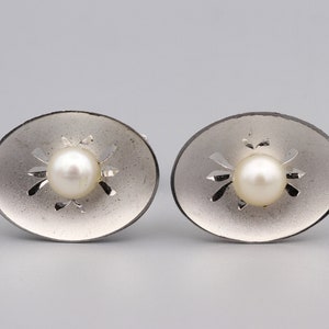 Manschettenknöpfe mit Perlen, 925 Sterling Silber, geätzt, Herrenschmuck, Mid Century Modern Herrenschmuck