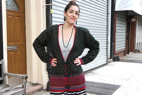 Green Red Wool Pendleton Cardigan With Asian Styl… - image 1