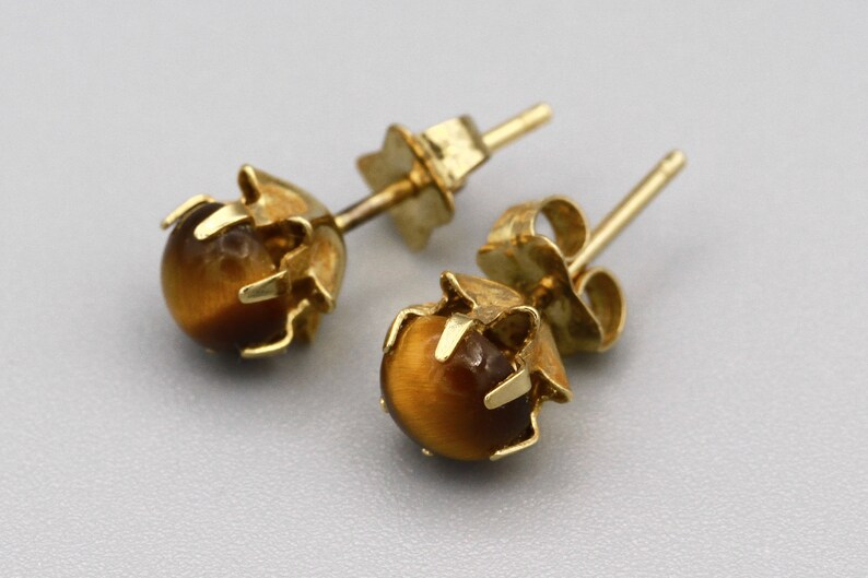 Tigereye Ball Stud Earrings Brown Gemstone Small Circle Earrings Round Semi Precious Stone Studs 14K Yellow Gold Tigers Eye Stud Earrings