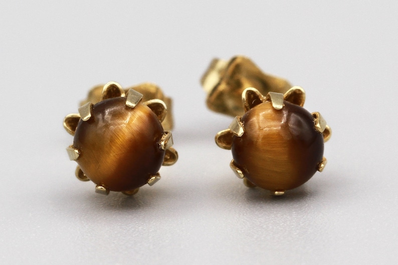 Tigereye Ball Stud Earrings Brown Gemstone Small Circle Earrings Round Semi Precious Stone Studs 14K Yellow Gold Tigers Eye Stud Earrings