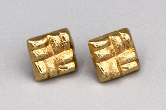 Square 14K Yellow Gold Button Stud Earrings, Puffy