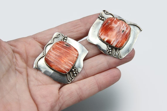 Red Striped Stone Large Diamond Earrings, Spiny O… - image 2