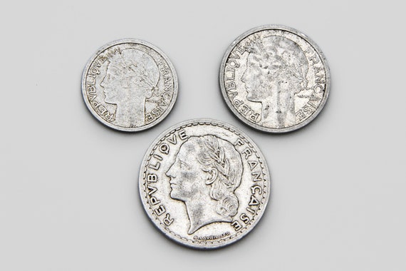 フランス硬貨3枚セット、1947年5フラン、1958年2フラン、1950年1フラン