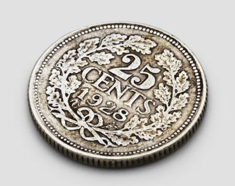 1928年オランダ25セント銀貨、銀640、ウィルヘルミナ女王の月桂冠