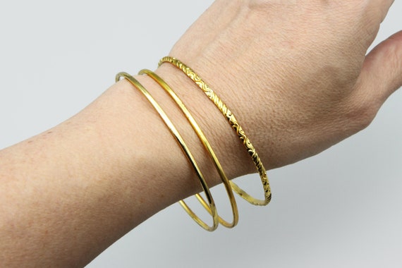 3 Gold Plated Bangles, Thin Gold Metal Bracelets,… - image 1