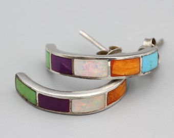 Colorful Stones Hoop Earrings, Opal Turquoise Sugilite Spiny Oyster Inlay, 925 Sterling Silver, Orange Purple Blue Green Rainbow Stones