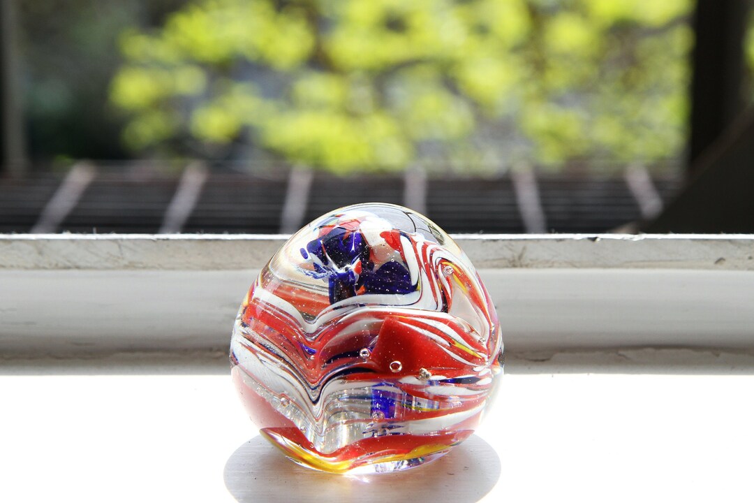 Swirl Storm Blown Glass Art, Red Blue and Yellow Glass Paperweight ...