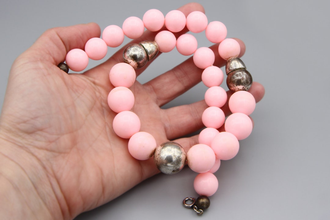 Large Pink Plastic Beaded Necklace, Pink and Silver Ball Beads, Long