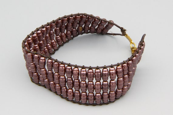 Marsala Purple Beaded Faux Pearl Bracelet, Vintag… - image 6