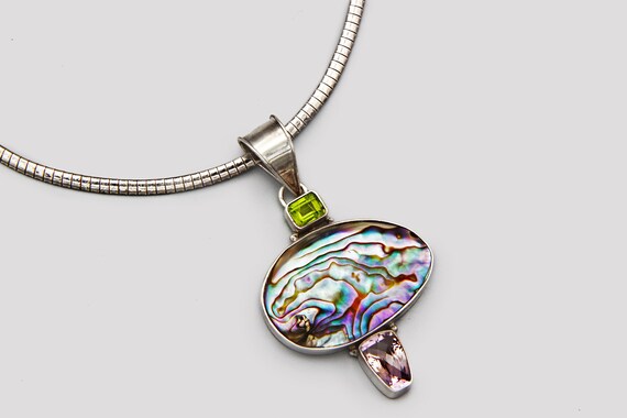 Sterling Multi Gemstone and Abalone Shell Pendant… - image 3