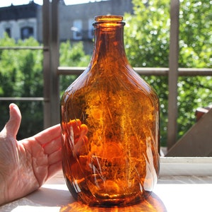 Antique Large Orange Brown Glass Bottle, Glass Swirl Jug, Pharmaceutical Apothecary Bottle, Ornate Empty Bottle Vase, Owens Illinois E-1865