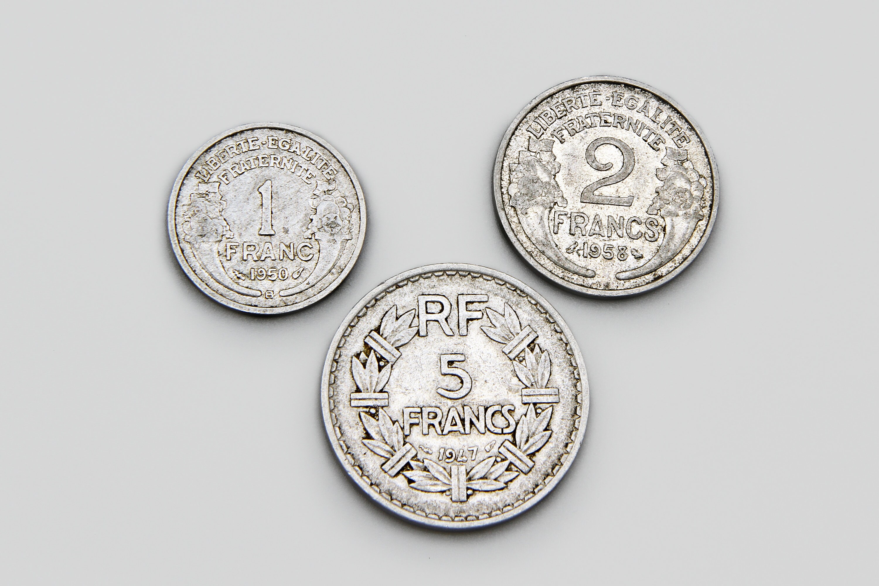 フランス硬貨3枚セット、1947年5フラン、1958年2フラン、1950年1フラン