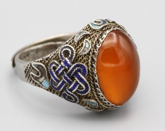 Chinese Export Carnelian Ring Size 7.5 Adjustable, Colorful Enamel Ring, 925 Sterling Silver Large Filigree Ring, Old Antique Asian Jewelry