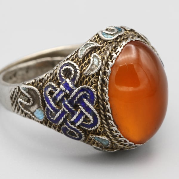 Chinese Export Carnelian Ring Size 7.5 Adjustable, Colorful Enamel Ring, 925 Sterling Silver Large Filigree Ring, Old Antique Asian Jewelry
