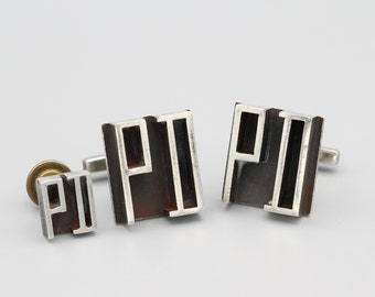 Mexican Silver Cufflinks And Tie Pin Set, Signed Miguel Garcia Martinez, 925 Sterling Shadowbox Cufflinks, Letters PD Initials Cufflinks