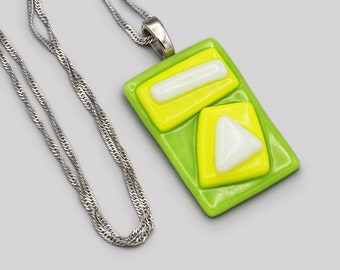Handmade Glass Art Pendant on a 925 Sterling Silver Chain, Green And Yellow Retro Style Pendant, Geometric Abstract Glass Pendant Necklace
