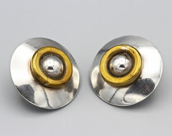 Round Dome Pierced Earrings, Taxco Sterling Earrings, Two Tone Studs, 925 Silver and Gold, Modernist Earrings, Southwestern Stud Earring