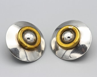 Aretes de cúpula redonda, aretes de plata Taxco, aretes de dos tonos, plata 925 y oro, aretes modernistas, aretes estilo suroeste