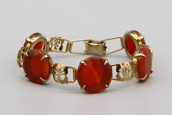 Antique 40s Carnelian Gold Gilt Chinese Symbols Br