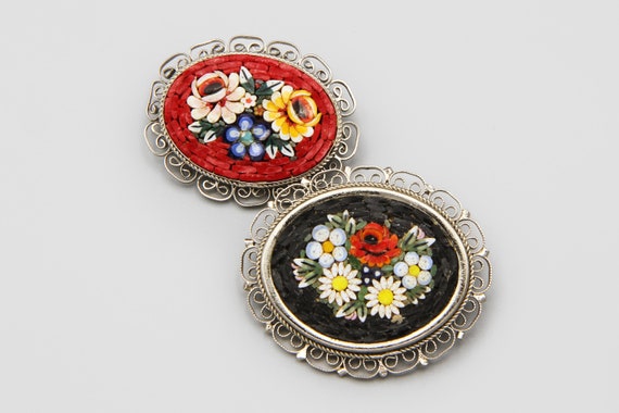 Pair Of Inlaid Micro Mosaic Brooches Pins, Floral… - image 3